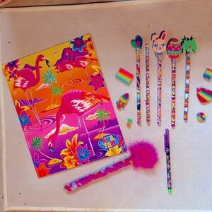 Vintage 90s early 2000s Lisa frank folder, pencils, erasers, and pens